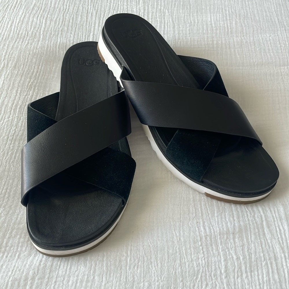 Ugg Kari Leather Slide Sandal Womens Black Slip On Open Toe Crisscross Strap 7 - Picture 3 of 15
